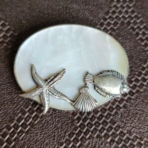 Vintage LAR.IN 925 Silver Brooch - Mother of Pearl Oval Starfish Shell Fish